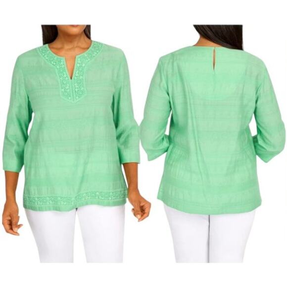 Alfred Dunner Tropic Zone Lace Trim Top Size 2X Green 3/4 Sleeve Flocked Mature - Picture 2 of 11